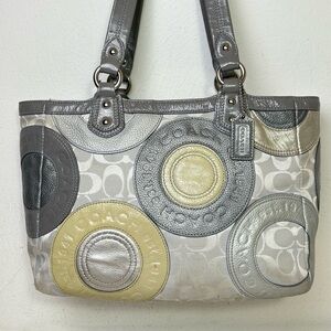 COACH F19042 Patent Leather Canvas Jacquard Logo Monogram Tote Bag Purse